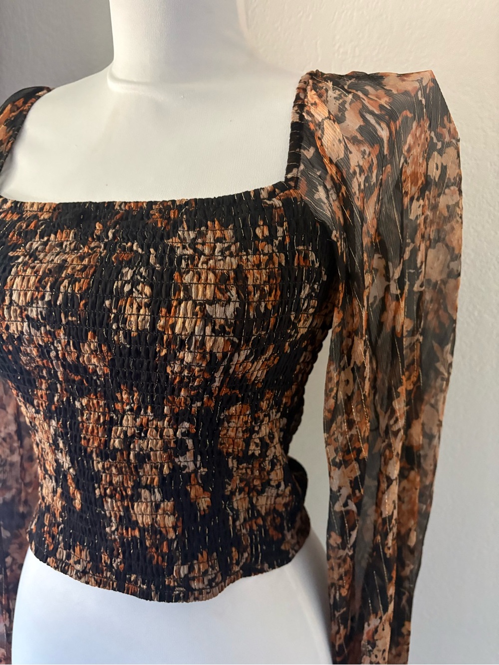 Caroline Constas silk brown black floral top with sheer sleeves size S